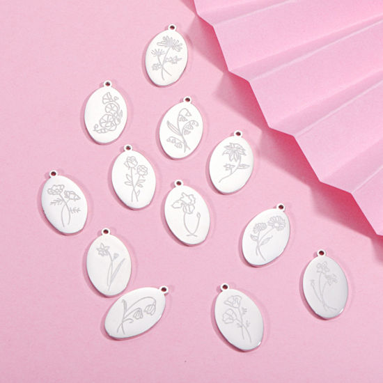 Immagine di Ecologico 304 Acciaio Inossidabile Fiore del Mese di Nascita Charms Ovale Tono Argento Specchio 22mm x 14mm, 1 Pz
