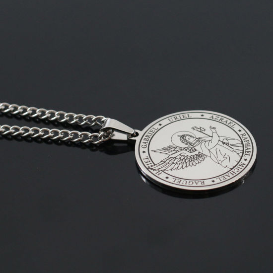 Imagen de Respetuoso del Medio Ambiente 304 Acero Inoxidable Religión Link Curb Chain Collares Tono de Plata Ronda Ángel 60cm longitud, 1 Unidad