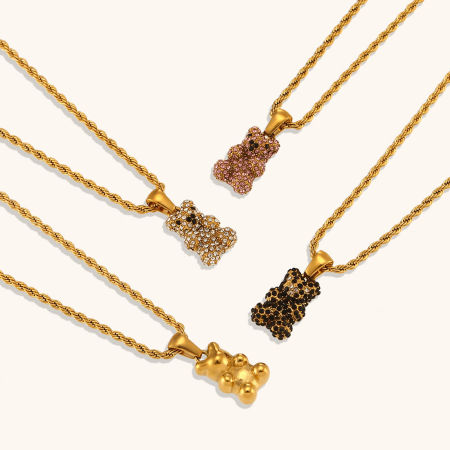 Eco-friendly Simple & Casual Cute 18K Real Gold Plated Stainless Steel & Cubic Zirconia Braided Rope Chain Bear Animal Pendant Necklace For Women