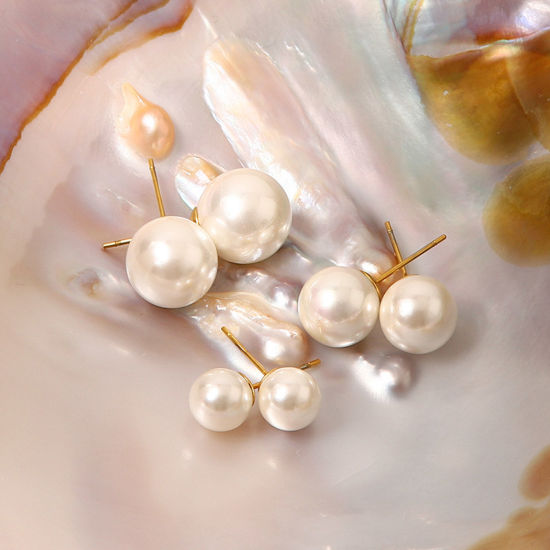 Picture of Hypoallergenic Retro Elegant 18K Real Gold Plated 304 Stainless Steel Ball Imitation Pearl Ear Post Stud Earrings For Women Anniversary 1 Pair