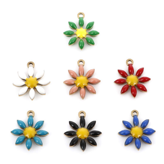 Bild von 304 Edelstahl Flora Kollektion Charms Vergoldet Blumen Doppelseitige Emaille 15mm x 13mm, 5 Stück