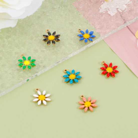 Bild von 304 Edelstahl Flora Kollektion Charms Vergoldet Blumen Doppelseitige Emaille 15mm x 13mm, 5 Stück
