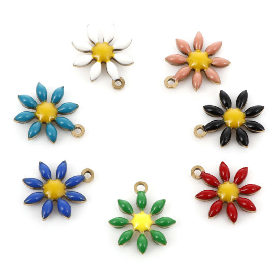 Bild von 304 Edelstahl Flora Kollektion Charms Vergoldet Blumen Doppelseitige Emaille 15mm x 13mm, 5 Stück