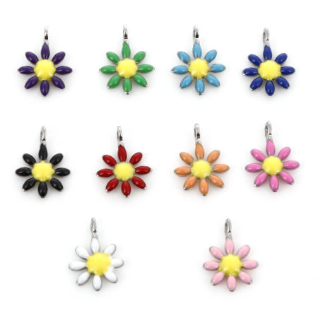 Picture of 304 Stainless Steel Flora Collection Charms Silver Tone Flower Double-sided Enamel 10mm x 7mm