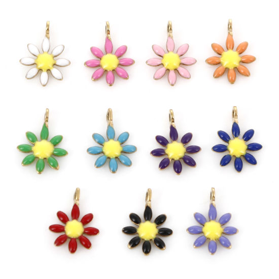 Imagen de 304 Acero Inoxidable Colección Flora Colgantes Charms Chapado en Oro Flor Esmalte de Doble Cara 10mm x 7mm, 10 Unidades