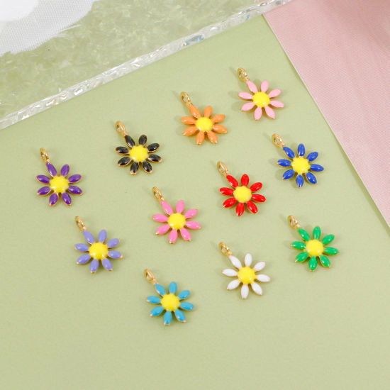 Imagen de 304 Acero Inoxidable Colección Flora Colgantes Charms Chapado en Oro Flor Esmalte de Doble Cara 10mm x 7mm, 10 Unidades