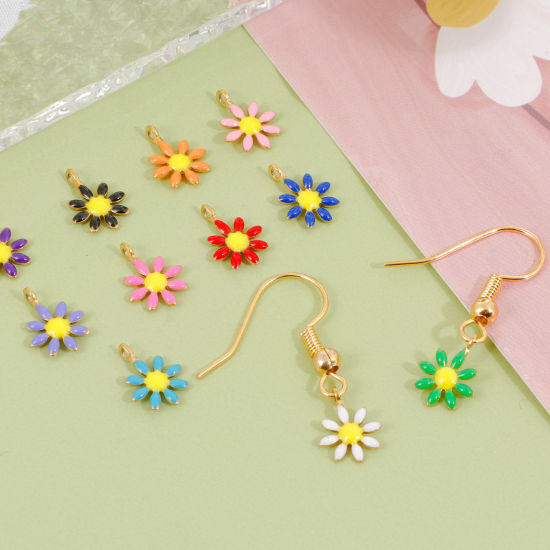 Imagen de 304 Acero Inoxidable Colección Flora Colgantes Charms Chapado en Oro Flor Esmalte de Doble Cara 10mm x 7mm, 10 Unidades