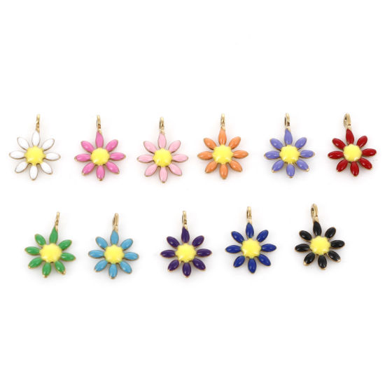 Imagen de 304 Acero Inoxidable Colección Flora Colgantes Charms Chapado en Oro Flor Esmalte de Doble Cara 10mm x 7mm, 10 Unidades