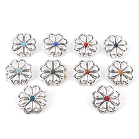 Picture of Zinc Based Alloy Metal Sewing Shank Buttons Single Hole Antique Silver Color Multicolor Flower 3cm x 3cm