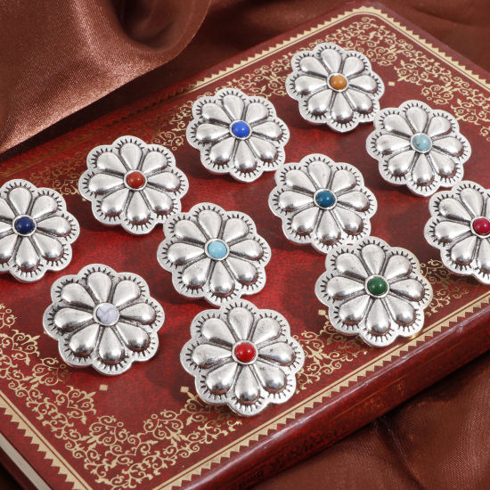 Picture of Zinc Based Alloy Metal Sewing Shank Buttons Single Hole Antique Silver Color Multicolor Flower 3cm x 3cm