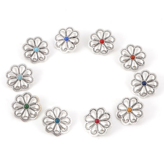 Picture of Zinc Based Alloy Metal Sewing Shank Buttons Single Hole Antique Silver Color Multicolor Flower 3cm x 3cm