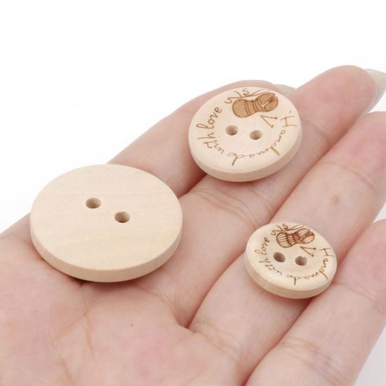 Picture of Wood Sewing Buttons Scrapbooking 2 Holes Round Natural Message " Hand Made With Love "