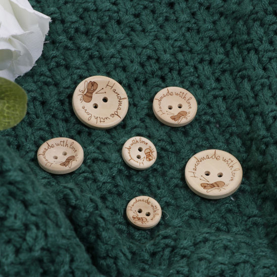 Picture of Wood Sewing Buttons Scrapbooking 2 Holes Round Natural Message " Hand Made With Love "