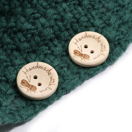 Picture of Wood Sewing Buttons Scrapbooking 2 Holes Round Natural Message " Hand Made With Love "