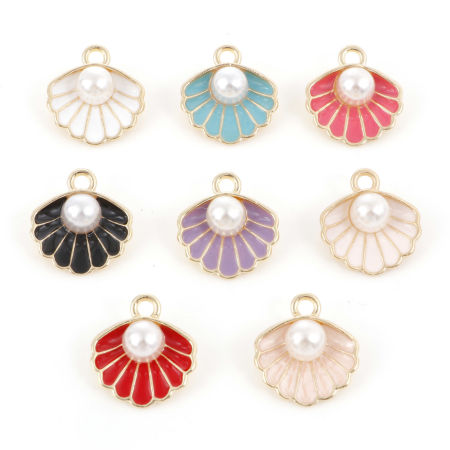 Zinc Based Alloy Enamel Charms Gold Plated Multicolor Shell Imitation Pearl 17mm x 15mm