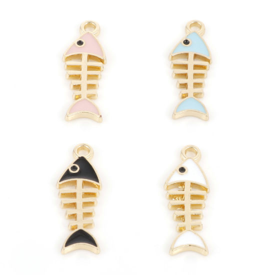 Picture of Zinc Based Alloy Ocean Jewelry Charms Gold Plated Multicolor Fish Bone Enamel 24mm x 8.5mm