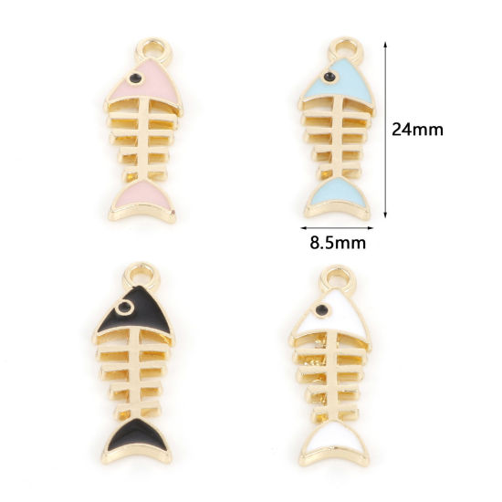 Picture of Zinc Based Alloy Ocean Jewelry Charms Gold Plated Multicolor Fish Bone Enamel 24mm x 8.5mm