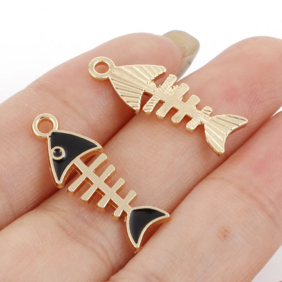 Picture of Zinc Based Alloy Ocean Jewelry Charms Gold Plated Multicolor Fish Bone Enamel 24mm x 8.5mm