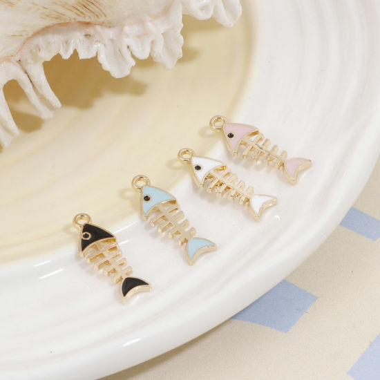 Picture of Zinc Based Alloy Ocean Jewelry Charms Gold Plated Multicolor Fish Bone Enamel 24mm x 8.5mm