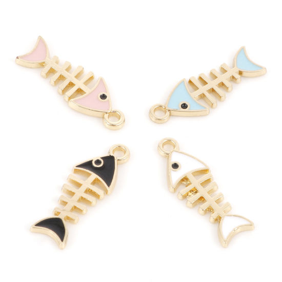 Picture of Zinc Based Alloy Ocean Jewelry Charms Gold Plated Multicolor Fish Bone Enamel 24mm x 8.5mm