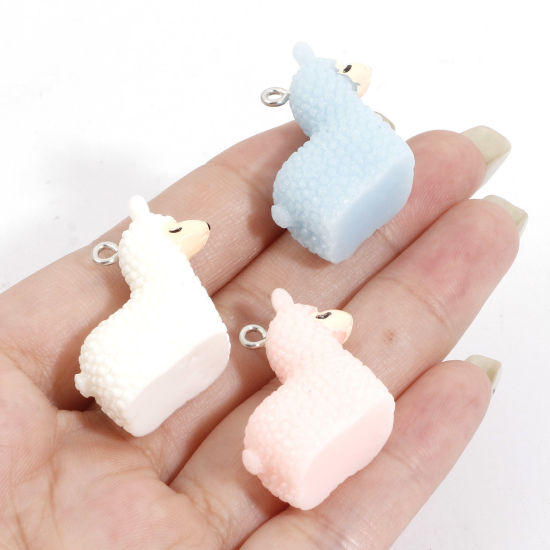 Picture of Resin Charms Alpaca Animal Silver Tone Multicolor 3D 27mm x 24mm