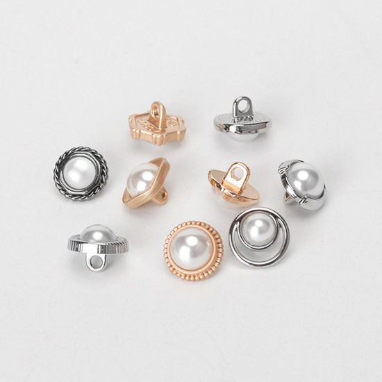 Picture of Alloy Metal Sewing Shank Buttons Single Hole Round Imitation Pearl