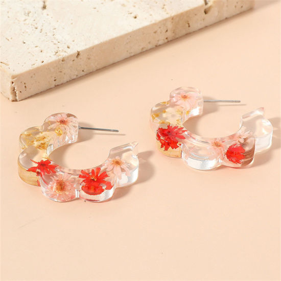 Picture of Handmade Resin Jewelry Real Flower Hoop Earrings Multicolor C Shape Flower
