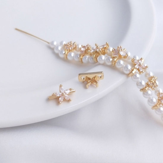 Image de Perles d'Espacement Accessories pour DIY Fabrication de Bijoux de Bracelet en Laiton & Zirconia Cubique Plaqué Or Véritable 14K Transparent 2 Pcs