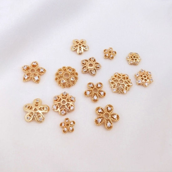 Image de Coupelles en Laiton Fleur Plaqué Or Véritable 14K Creux à Zircone Cubique Clair 2 Pcs