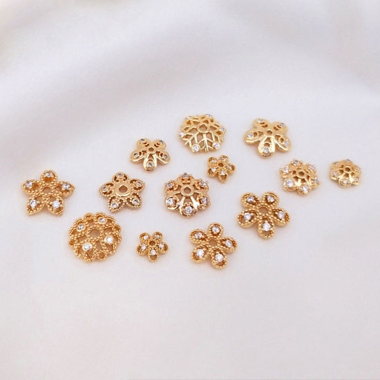 Image de Coupelles en Laiton Fleur Plaqué Or Véritable 14K Creux à Zircone Cubique Clair 2 Pcs