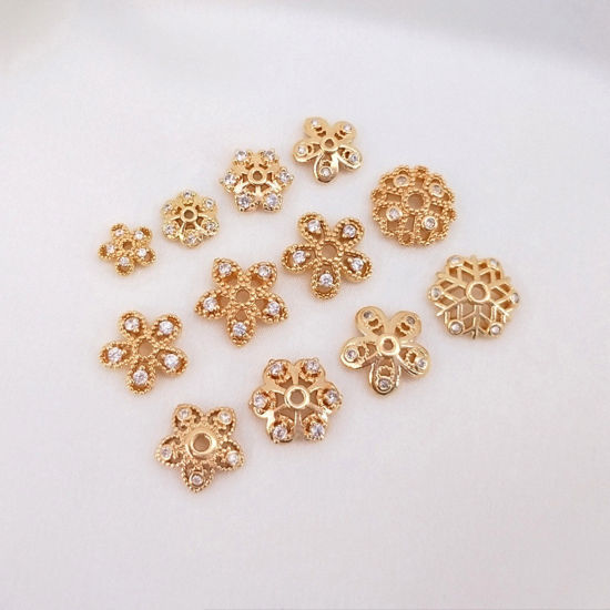 Image de Coupelles en Laiton Fleur Plaqué Or Véritable 14K Creux à Zircone Cubique Clair 2 Pcs