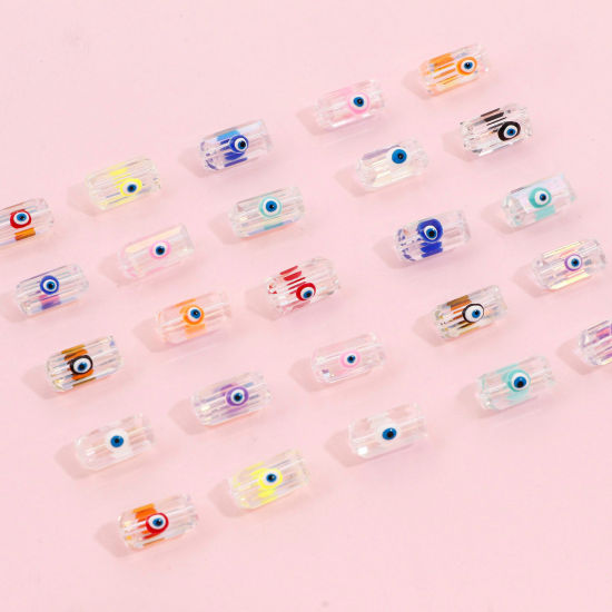 Picture of Glass Religious Beads For DIY Jewelry Making Rectangle Multicolor AB Rainbow Color Evil Eye Transparent Faceted About 12mm x 6mm