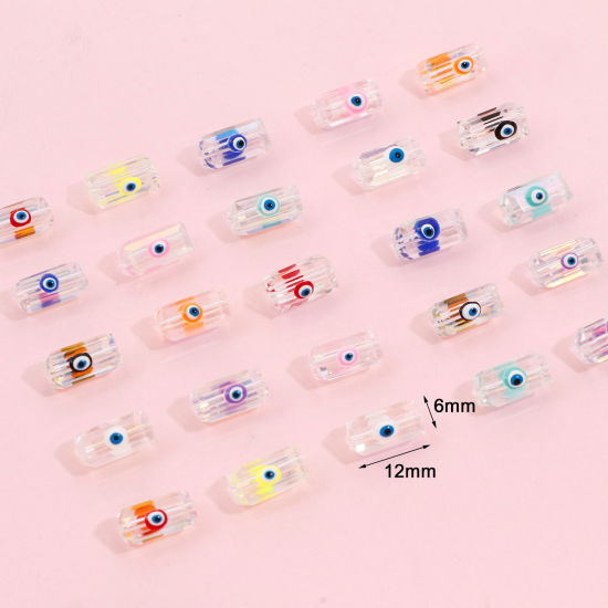 Picture of Glass Religious Beads For DIY Jewelry Making Rectangle Multicolor AB Rainbow Color Evil Eye Transparent Faceted About 12mm x 6mm