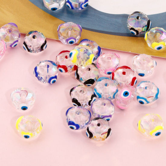Bild von Glas Religiös Perlen für die DIY-Schmuckherstellung Abakus Bunt AB Farbe Böser Blick Evil Eye Transparent Facettiert ca. 10mm D., Loch: 1.3mm, 2 Stück