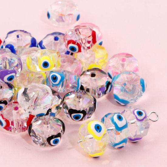 Bild von Glas Religiös Perlen für die DIY-Schmuckherstellung Abakus Bunt AB Farbe Böser Blick Evil Eye Transparent Facettiert ca. 10mm D., Loch: 1.3mm, 2 Stück