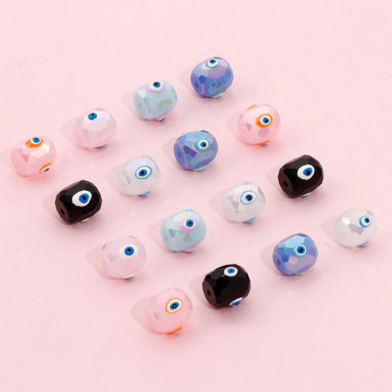 Picture of Glass Religious Beads For DIY Jewelry Making Barrel Multicolor AB Rainbow Color Evil Eye Faceted About 8mm x 8mm