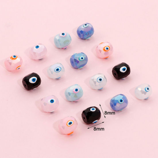 Picture of Glass Religious Beads For DIY Jewelry Making Barrel Multicolor AB Rainbow Color Evil Eye Faceted About 8mm x 8mm