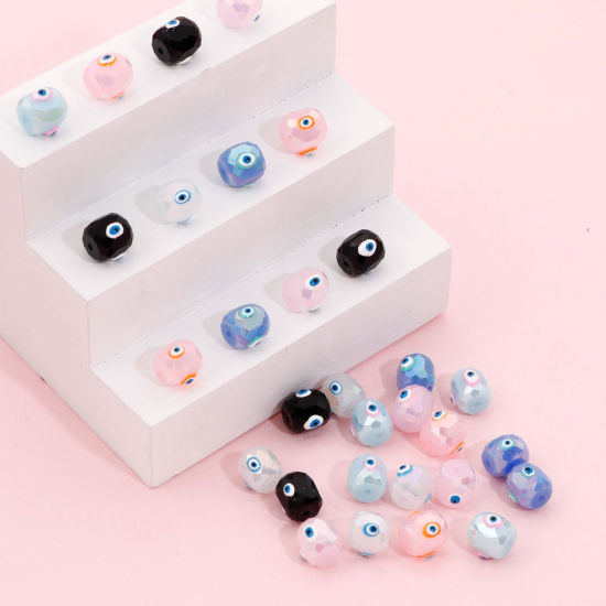 Picture of Glass Religious Beads For DIY Jewelry Making Barrel Multicolor AB Rainbow Color Evil Eye Faceted About 8mm x 8mm