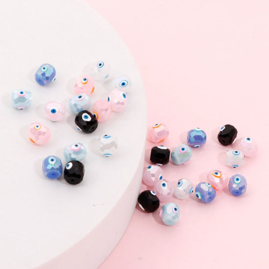 Picture of Glass Religious Beads For DIY Jewelry Making Barrel Multicolor AB Rainbow Color Evil Eye Faceted About 8mm x 8mm