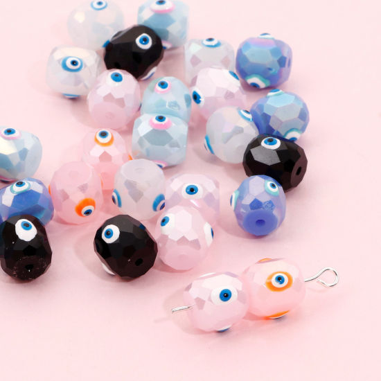 Picture of Glass Religious Beads For DIY Jewelry Making Barrel Multicolor AB Rainbow Color Evil Eye Faceted About 8mm x 8mm