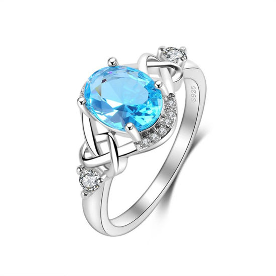 Bild von Messing Exquisit Uneinstellbar Ring Platin Plattiert Oval Hellblau Zirkonia 1 Stück                                                                                                                                                                           