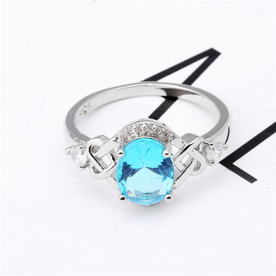 Picture of Brass Exquisite Unadjustable Rings Platinum Plated Oval Light Blue Cubic Zirconia                                                                                                                                                                             