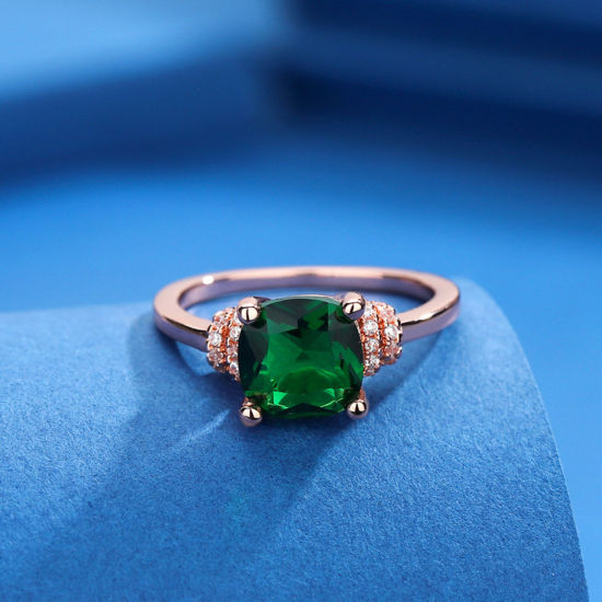 Picture of Brass Stylish Unadjustable Rings Rose Gold Square Green Cubic Zirconia                                                                                                                                                                                        