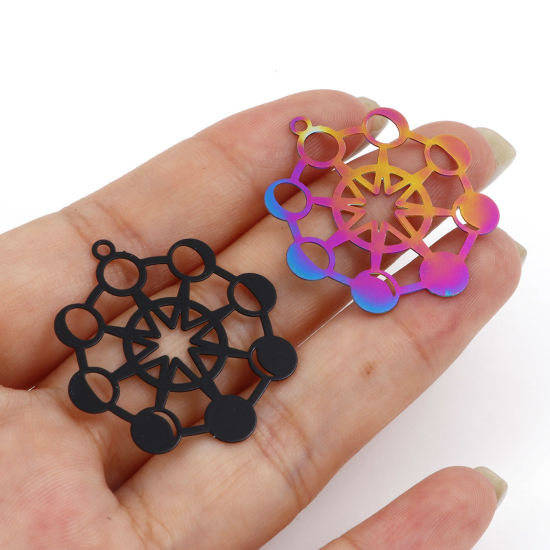 Bild von Legierung auf Eisenbasis, Galaxie, filigrane Stempel-Anhänger, mehrfarbig, Stern, Mondphasen, 3,2 cm x 3 cm