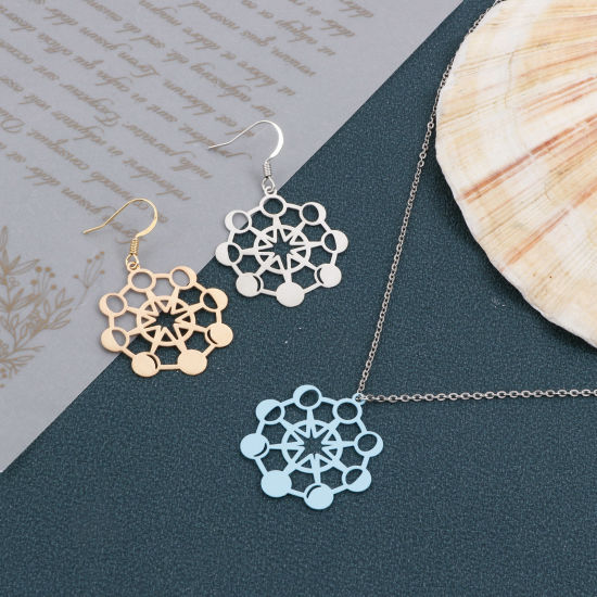 Bild von Legierung auf Eisenbasis, Galaxie, filigrane Stempel-Anhänger, mehrfarbig, Stern, Mondphasen, 3,2 cm x 3 cm