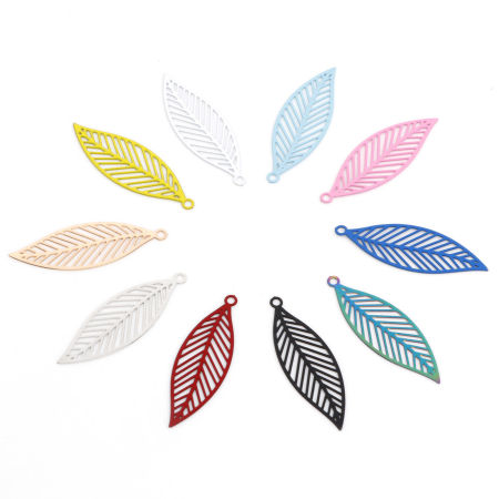 Picture of Iron Based Alloy Filigree Stamping Pendants Multicolor Leaf 3.3cm x 1.1cm