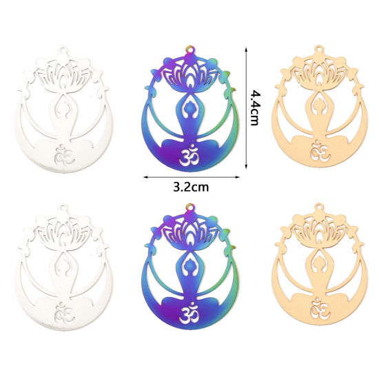 Image de Pendentifs Estampage en Filigrane Religieux en Alliage de Fer Symbole OM/ Aum Multicolore Fleur de Lotus 4.4cm x 3.2cm, 5 Pcs