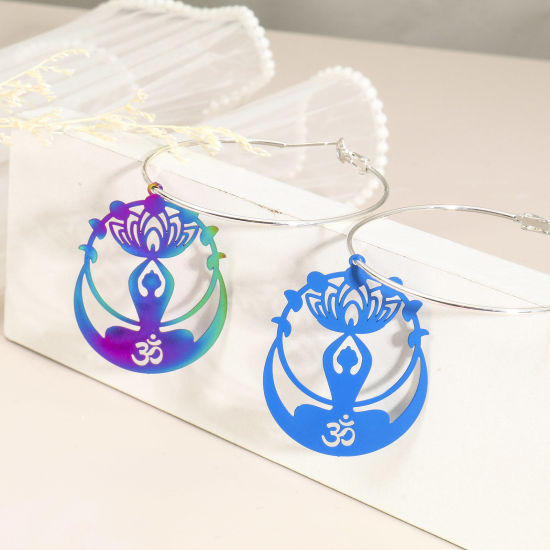 Image de Pendentifs Estampage en Filigrane Religieux en Alliage de Fer Symbole OM/ Aum Multicolore Fleur de Lotus 4.4cm x 3.2cm, 5 Pcs