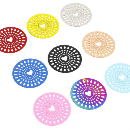 Immagine di Lega di Ferro Filigree Stamping Connettore Accessori Tondo Multicolore Cuore Disegno 29mm Dia, 10 Pz