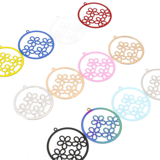 Immagine di Lega di Ferro Filigree Stamping Charms Tondo Multicolore Fiore 27mm x 25mm , 10 Pz